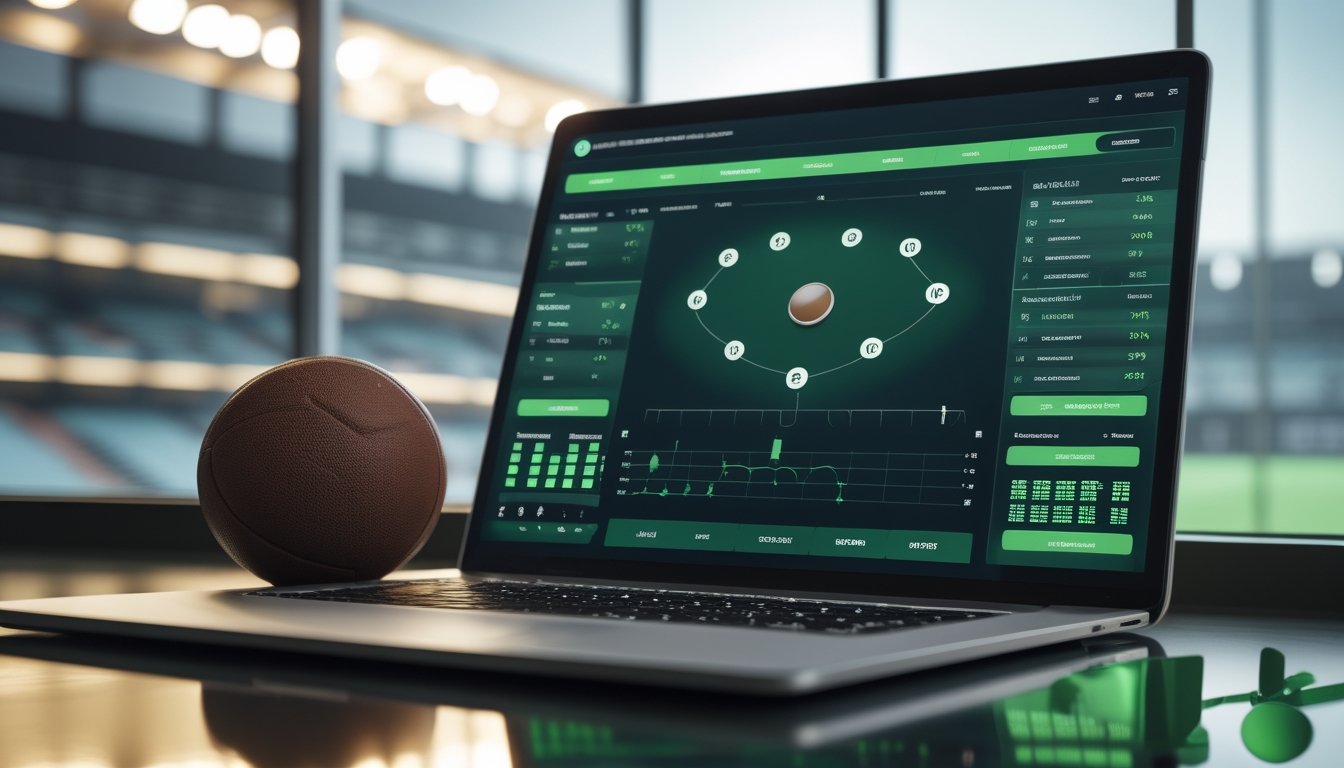 Ponsel dan laptop menampilkan analisis pertandingan sepak bola di atas meja dengan latar stadion yang buram.