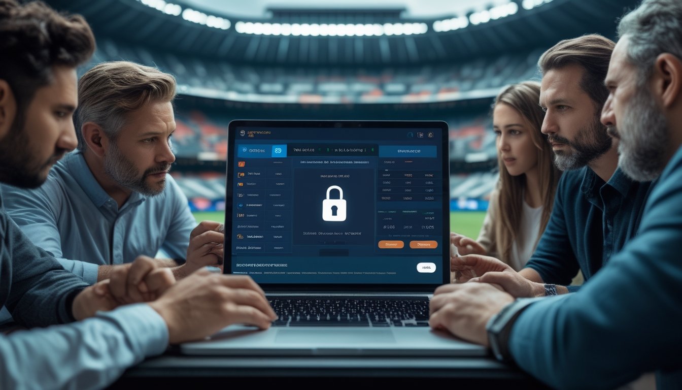 Orang dewasa membandingkan keamanan dan keandalan platform taruhan olahraga melalui laptop dan ponsel dengan latar stadion sepak bola.