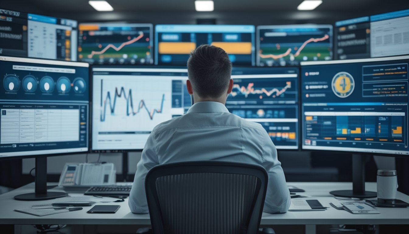 Seorang analis mempelajari statistik pertandingan olahraga di ruang kerja modern dengan beberapa layar data.