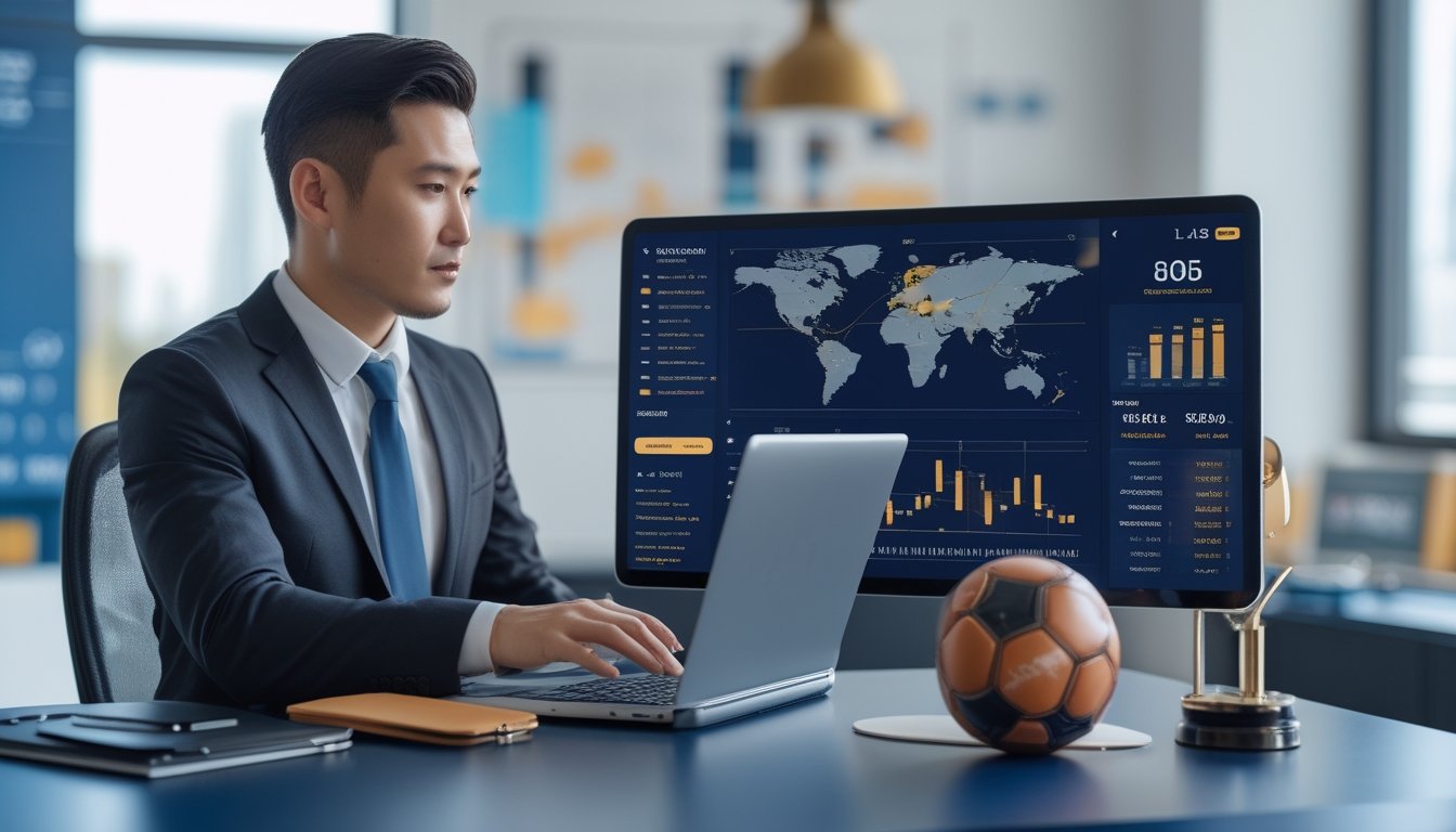 Konsultan profesional menganalisis statistik pertandingan sepak bola di laptop dalam suasana kantor modern.
