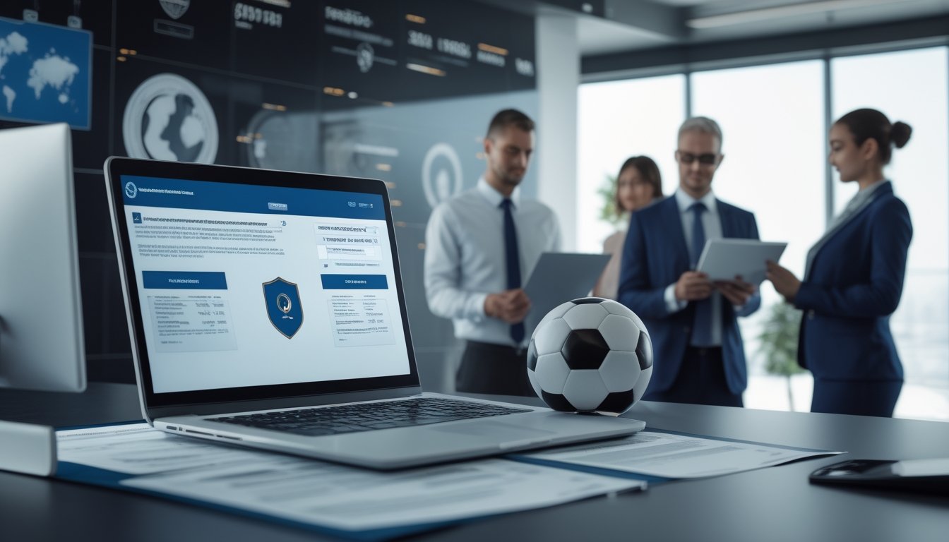 Profesional memeriksa dokumen lisensi di kantor modern dengan peta dunia dan bola sepak.