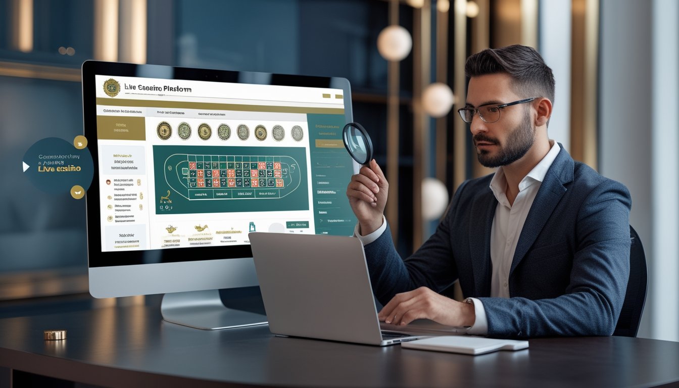 Orang dewasa memeriksa platform kasino daring di laptop dengan simbol keamanan dan roda roulette di layar.