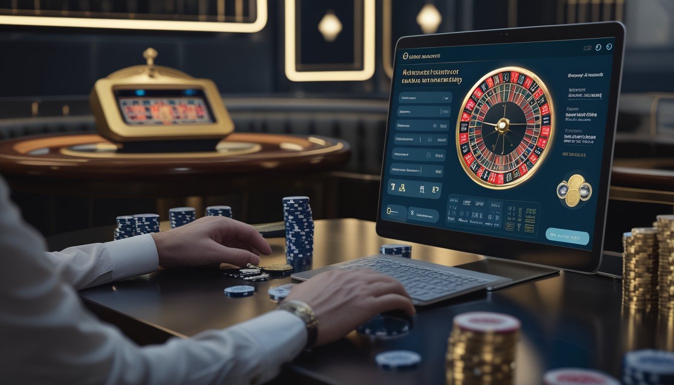 Meja kasino elegan dengan dealer langsung, roda roulette, kartu, chip, dan layar komputer.