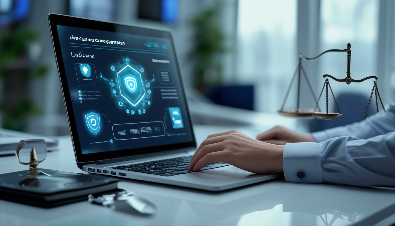 Seorang analis memeriksa keamanan dan legalitas operator kasino online menggunakan laptop, simbol perisai, dokumen, dan timbangan keadilan.