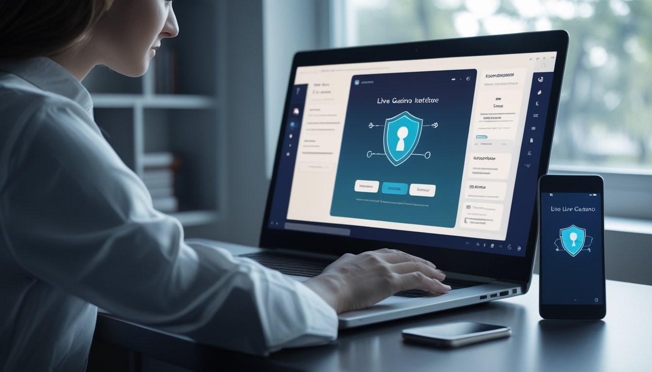 Seseorang memeriksa platform kasino daring dengan simbol perisai dan gembok keamanan di meja kerja.