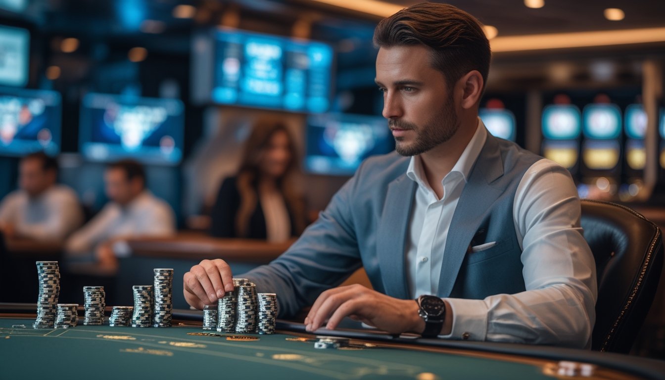 Seorang pemain mengamati chip taruhan kecil di meja kasino dengan dealer dan roda roulette di latar belakang.
