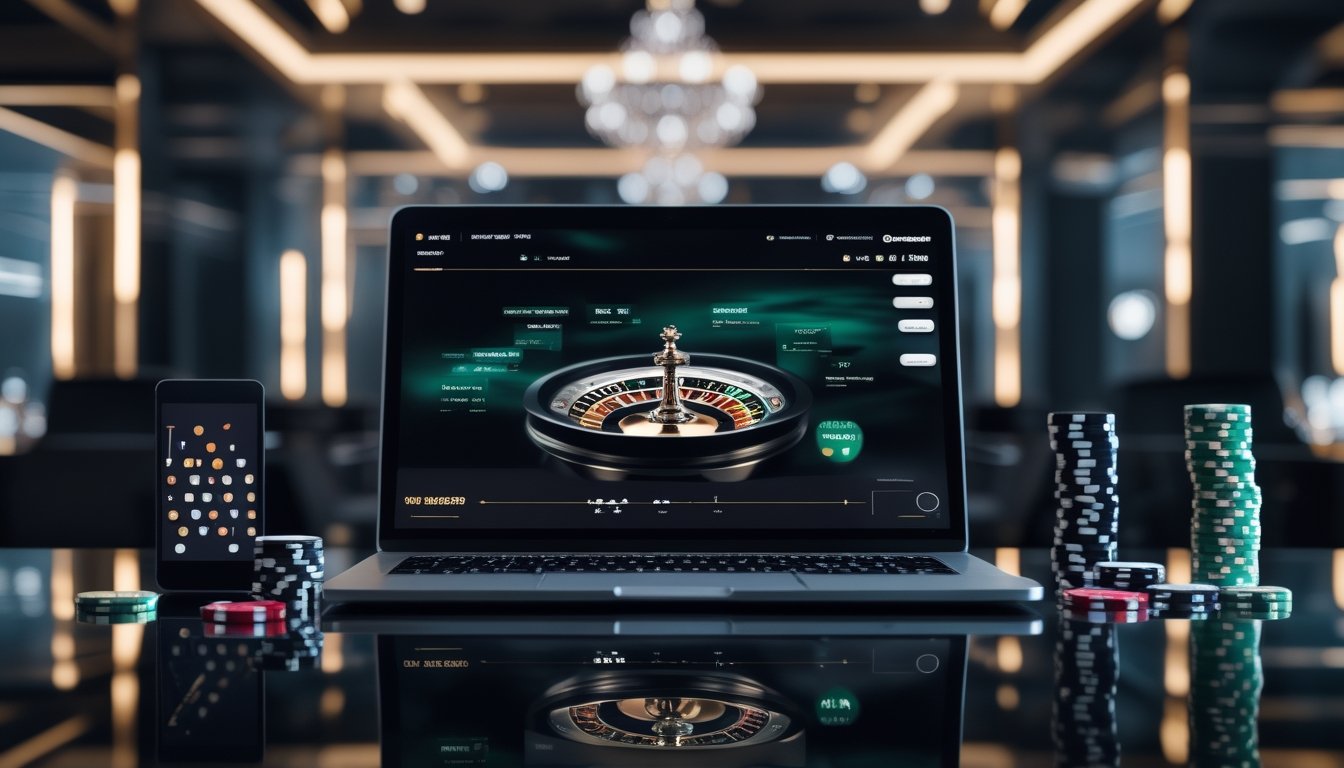 Perangkat digital menampilkan suasana kasino langsung dengan roda roulette, kartu, dan keping taruhan di meja bergaya modern.