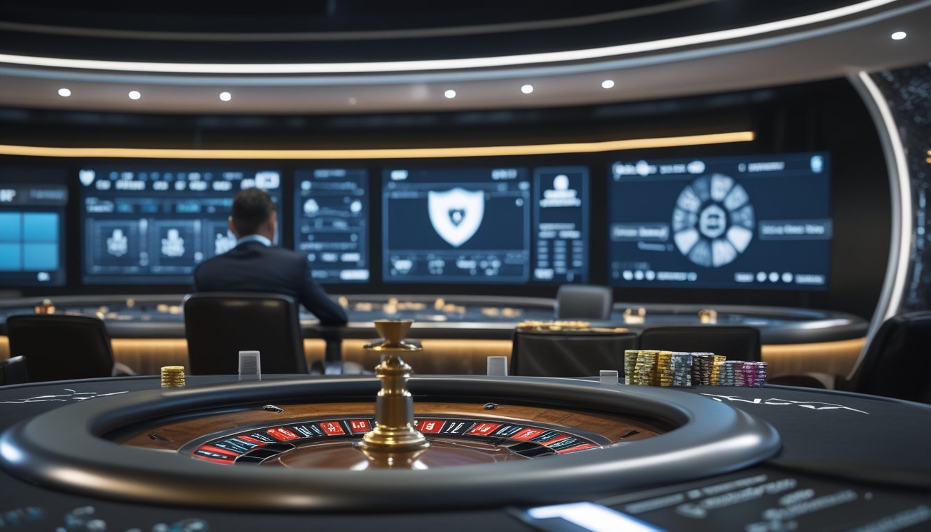 Dealer profesional memandu permainan roulette di studio kasino live dengan kamera dan antarmuka digital abstrak di latar belakang.