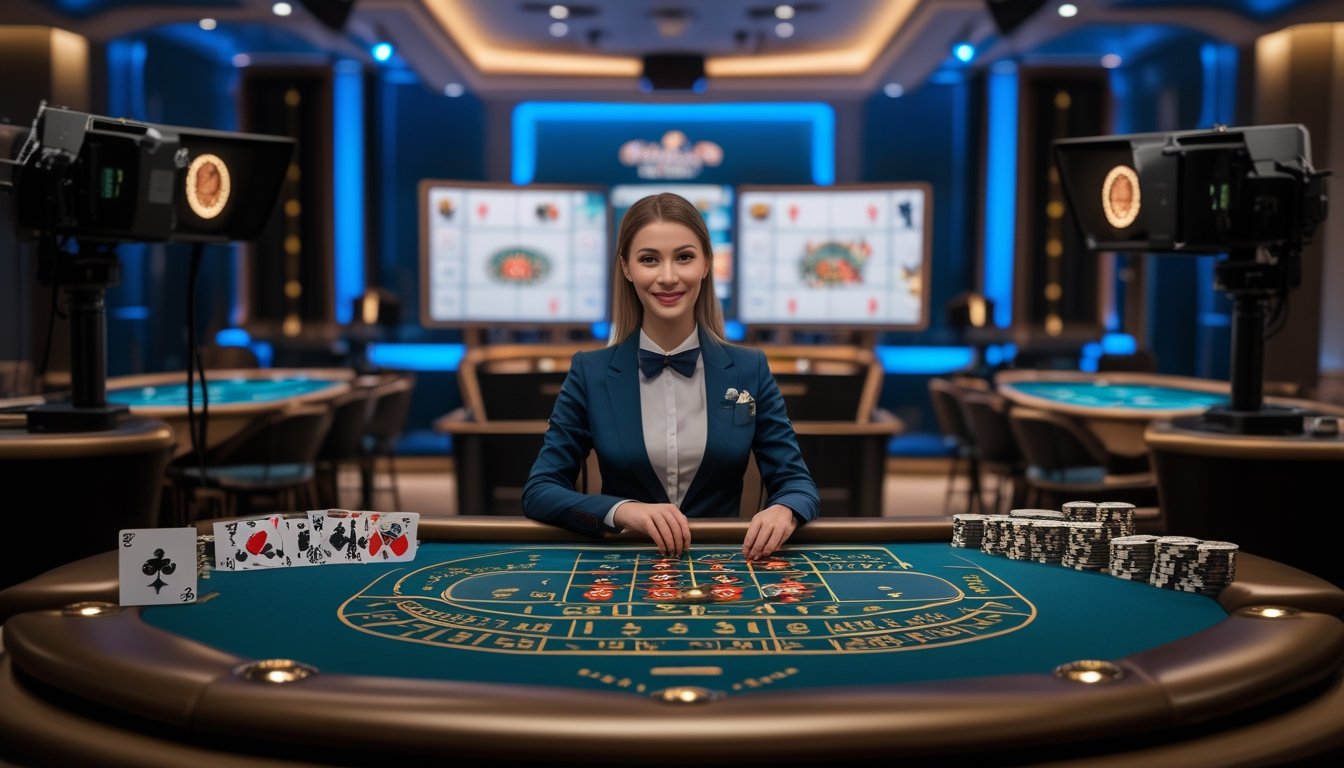 Dealer perempuan memandu permainan kasino langsung di studio modern dengan meja roulette dan kamera siaran.
