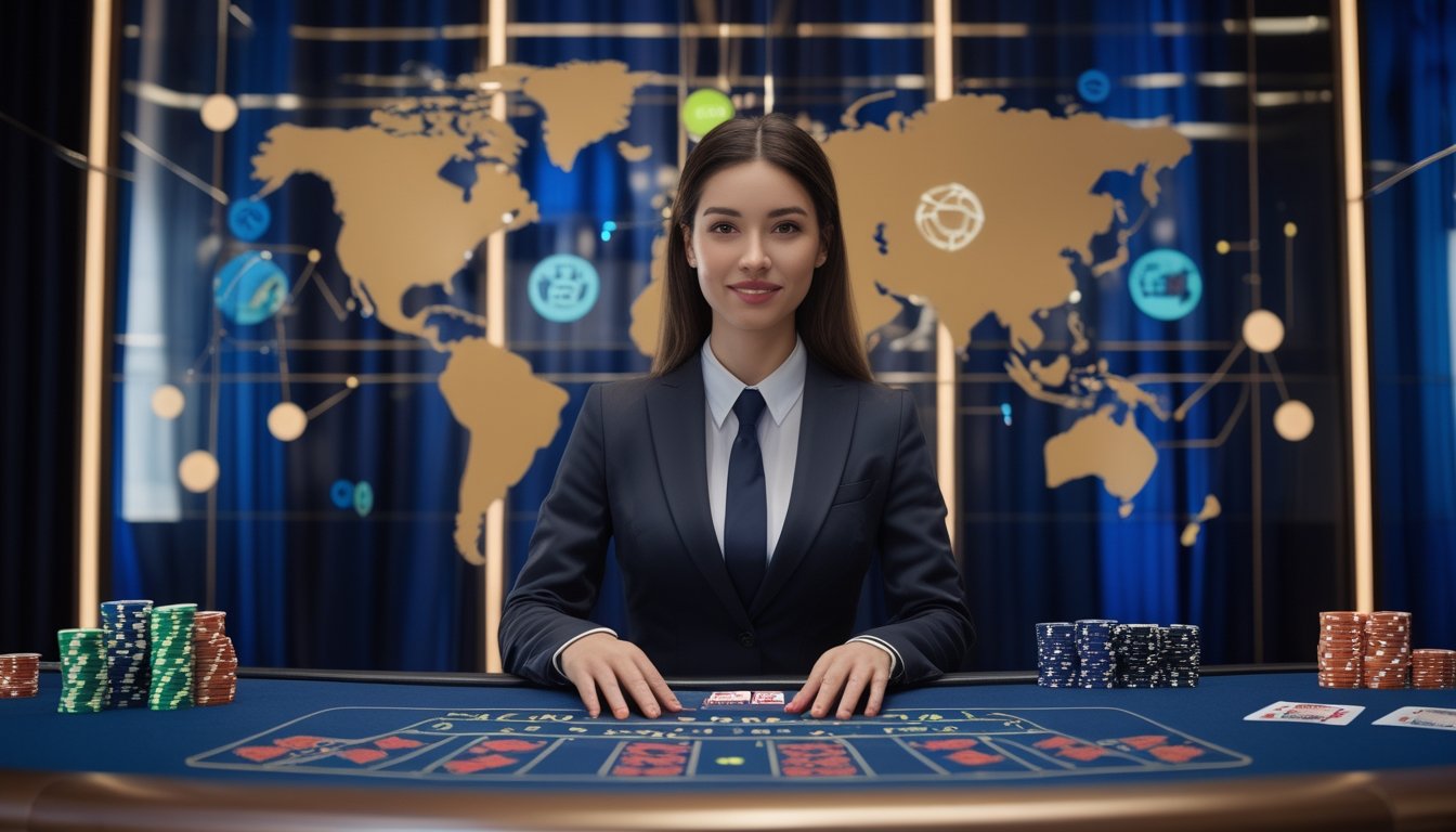 Dealer kasino memandu permainan di studio modern dengan elemen peta dunia dan suasana profesional.