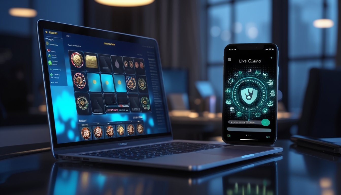 Laptop dan ponsel menampilkan antarmuka kasino online dengan simbol keamanan di ruang kerja modern.
