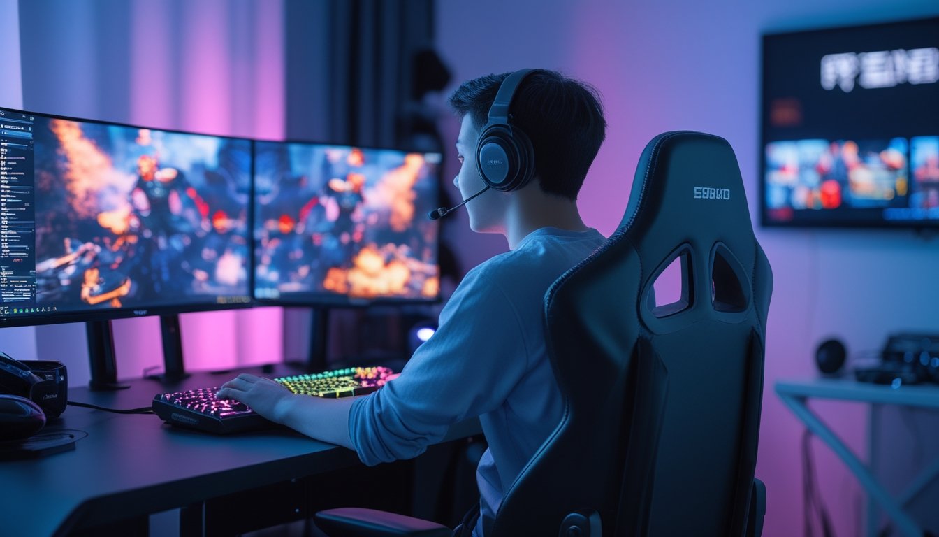 Seorang penggemar esports duduk di meja gaming dengan dua monitor yang menampilkan pertandingan kompetitif.