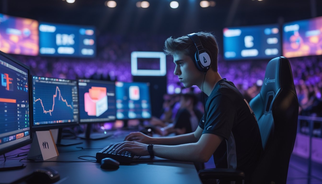 Seorang pemain esports dewasa berlatih di depan komputer dalam arena pertandingan dengan penonton yang melihat layar besar.