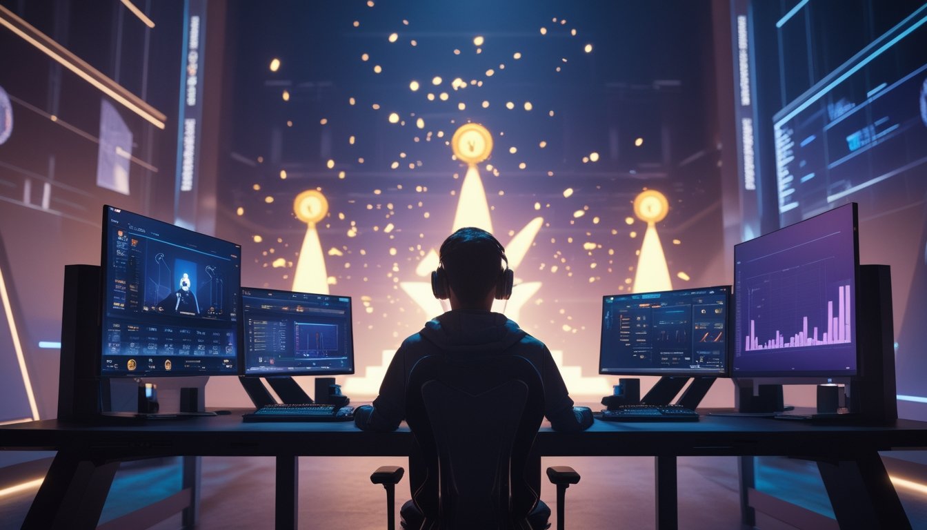 Seorang gamer berada di arena esports modern dengan layar abstrak, cahaya keemasan, koin bercahaya, dan ikon trofi holografis.