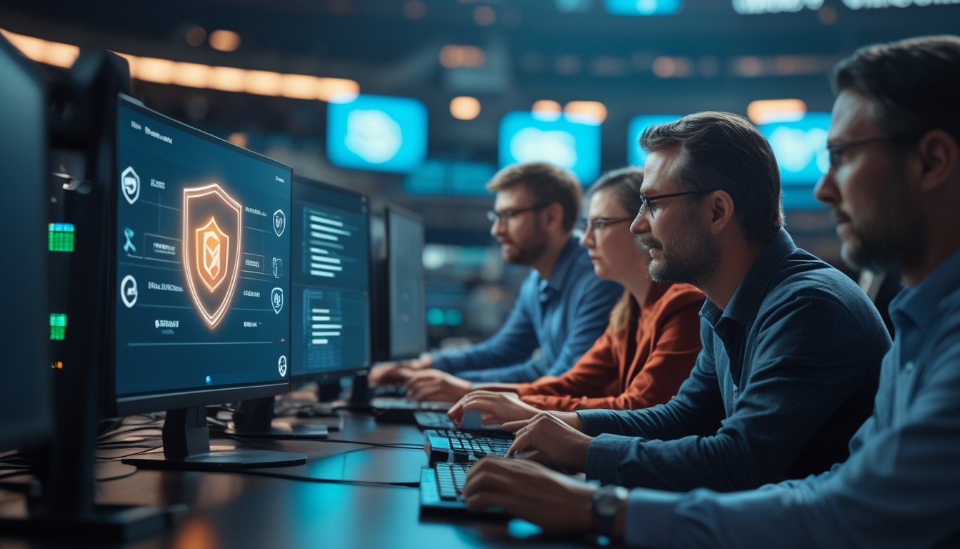 Analis dewasa memeriksa keamanan dan legalitas platform esports pada monitor dengan simbol perlindungan dan verifikasi.