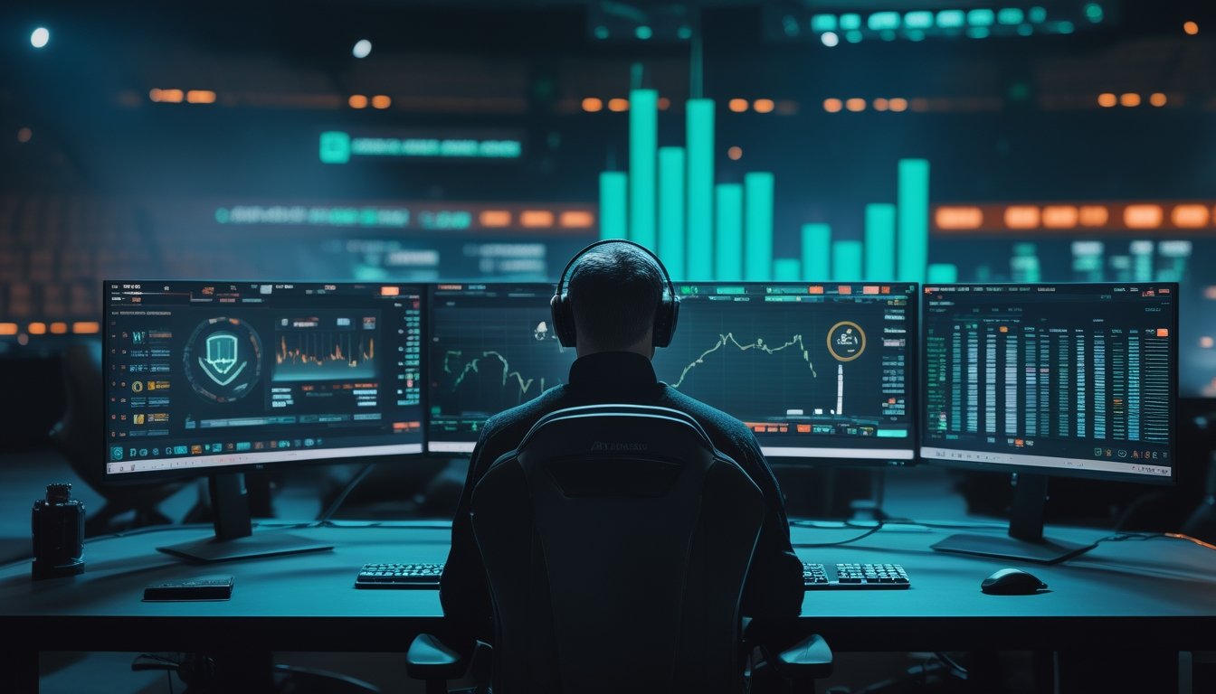 Seorang pemain esports dewasa berada di depan komputer dengan grafik analitik dan simbol keamanan digital.