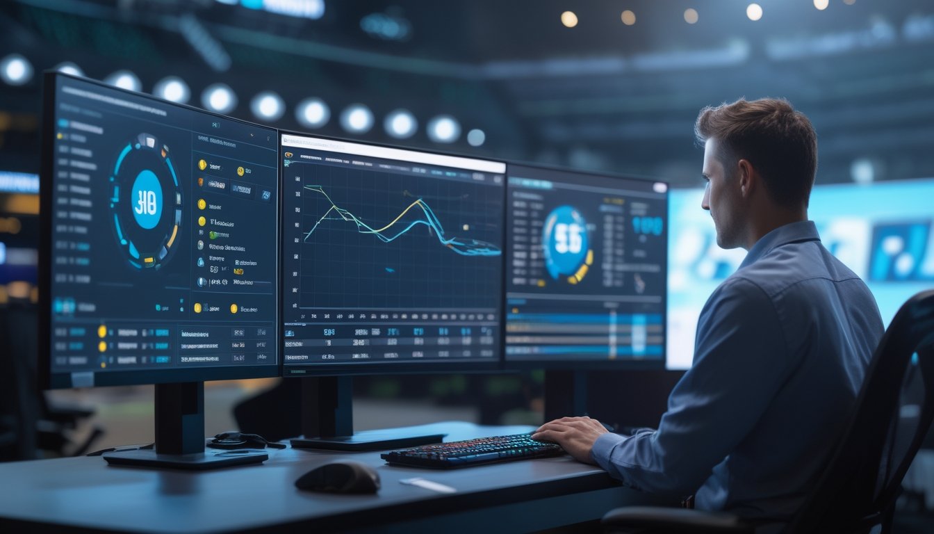 Analis meninjau grafik performa pertandingan esports pada monitor di ruang kerja modern.