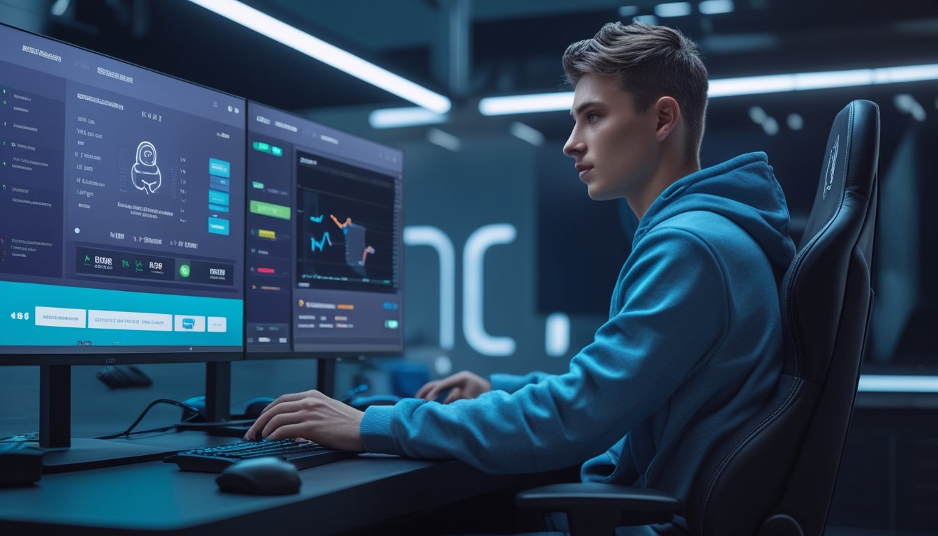 Seorang pemain esports duduk di depan dua monitor dengan tampilan analitik pertandingan di studio gaming modern.