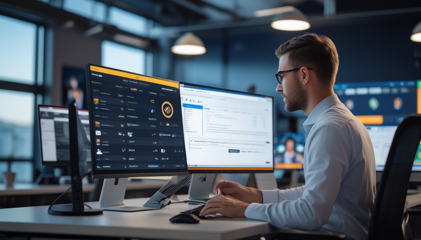 Seorang analis dewasa memeriksa keamanan dan kepatuhan hukum platform taruhan esports di kantor modern.