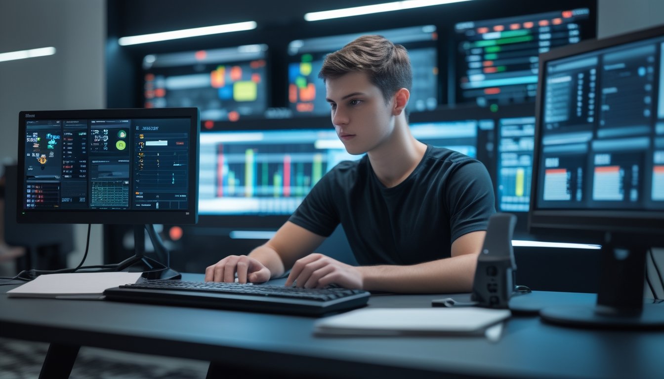 Seorang analis esports mempelajari grafik pertandingan pada beberapa monitor di ruang gaming modern.