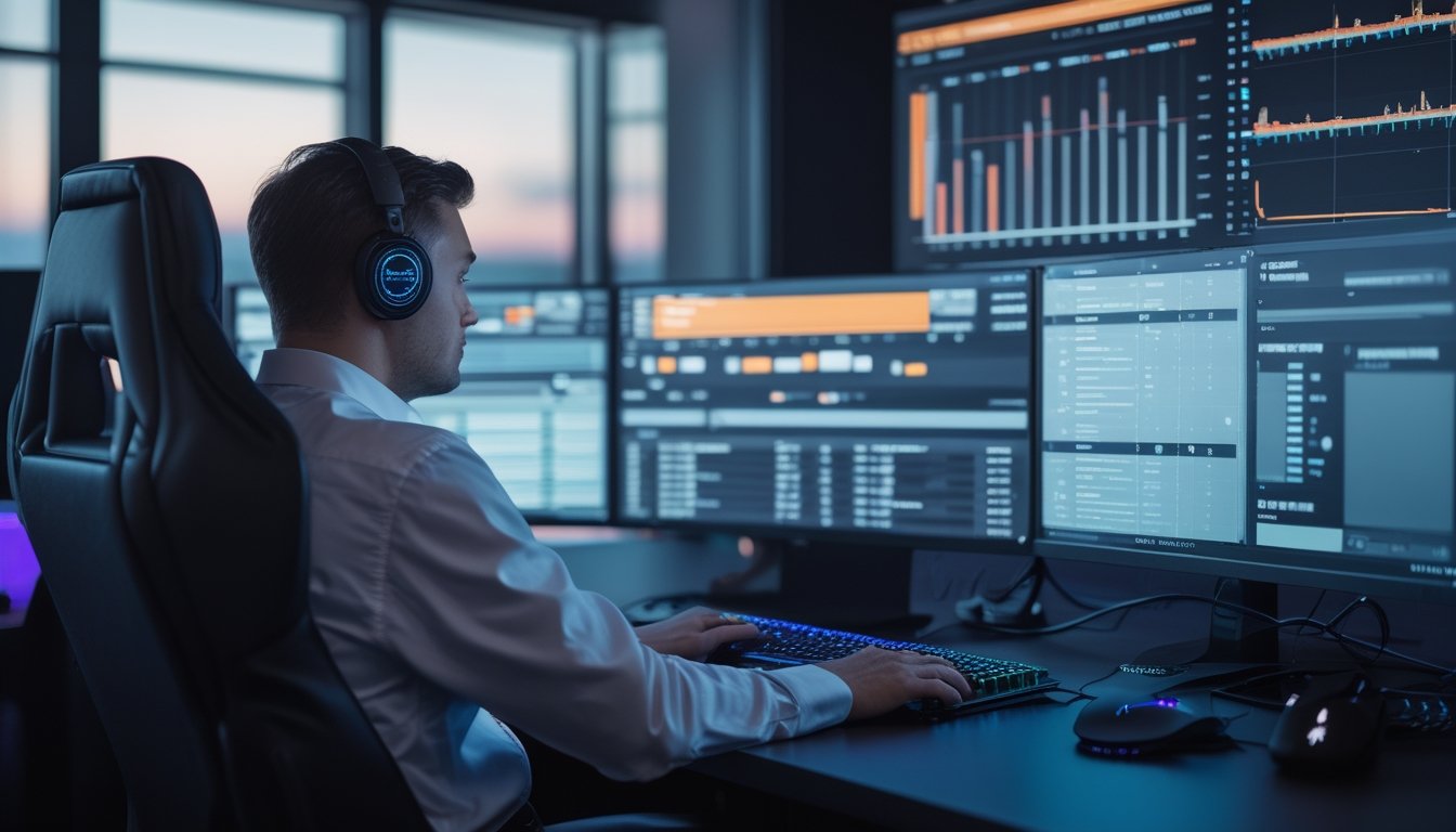 Analis esports mempelajari statistik pertandingan dan grafik analisis di beberapa monitor.