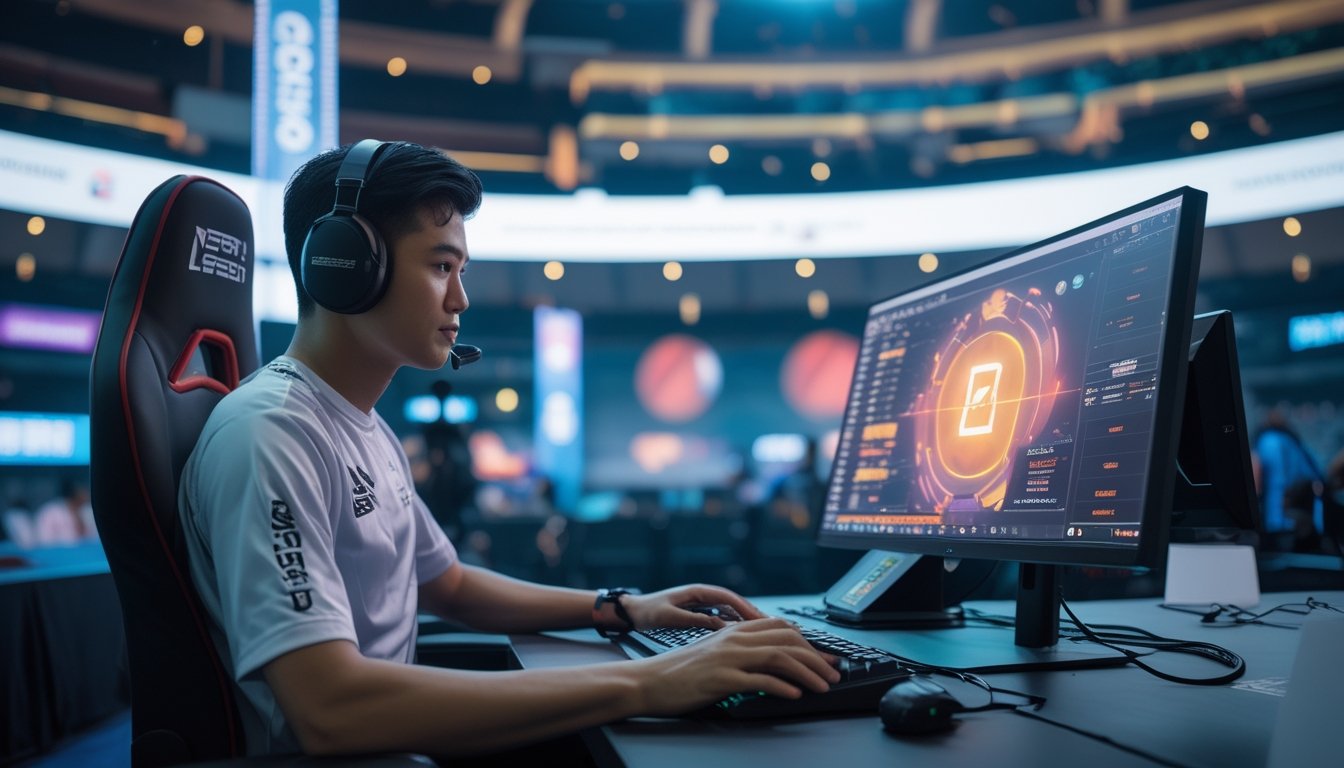 Pemain esports Indonesia bertanding di arena profesional dengan simbol teknologi keuangan digital di latar belakang.