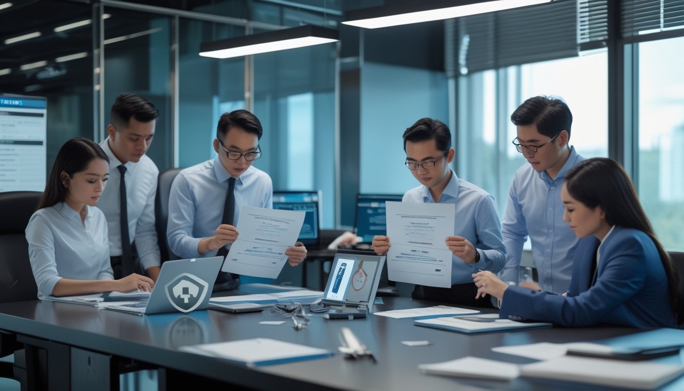 Profesional esports Indonesia meninjau dokumen lisensi dan perlindungan pemain di kantor modern.