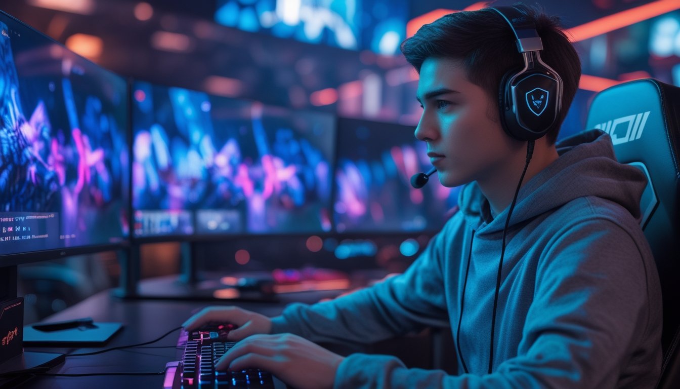 Pemain esports sedang bermain gim strategi di depan beberapa monitor dalam ruangan dengan pencahayaan warna-warni.