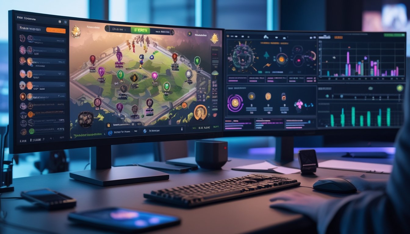 Meja kerja analis esports dengan layar yang menampilkan pertandingan MOBA dan grafik statistik.