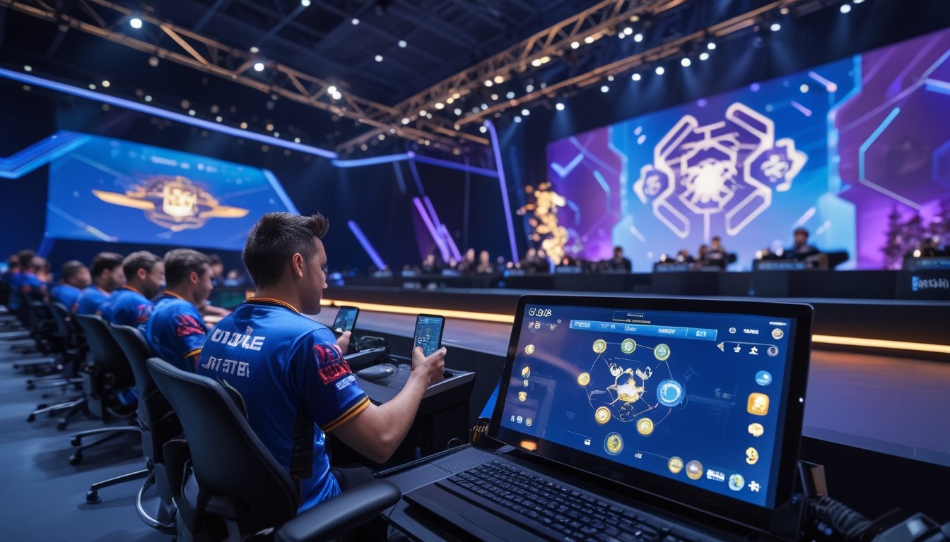 Pemain esports dewasa bertanding menggunakan ponsel di arena turnamen modern dengan pencahayaan warna-warni.