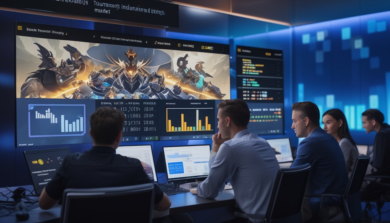 Analis esports menganalisis data turnamen gim daring pada layar besar di studio modern.