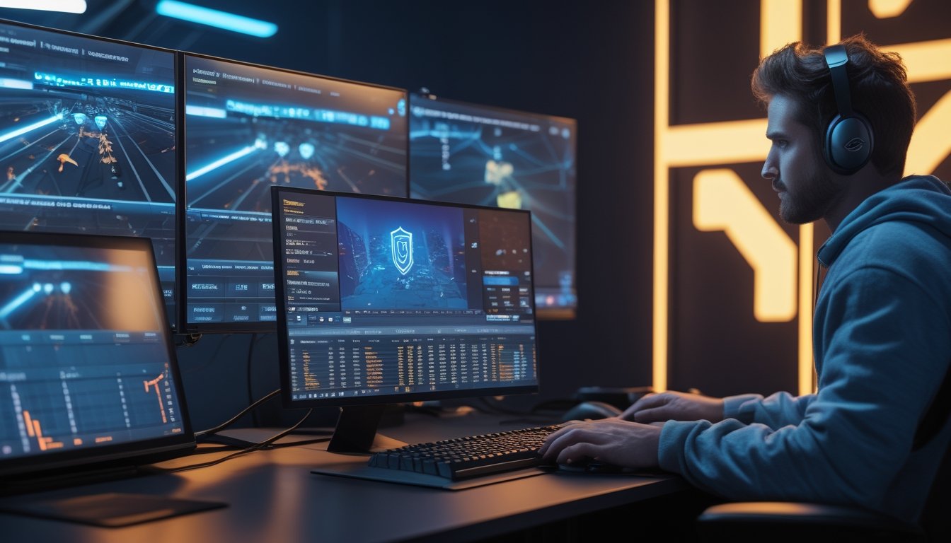 Seorang analis esports memantau pertandingan gim kompetitif di ruang kerja modern dengan dua monitor dan tablet.