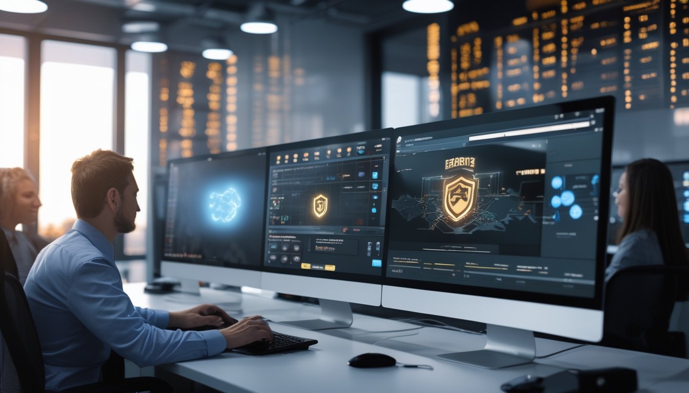 Tim keamanan siber memantau platform taruhan esports di kantor modern dengan simbol perlindungan digital.