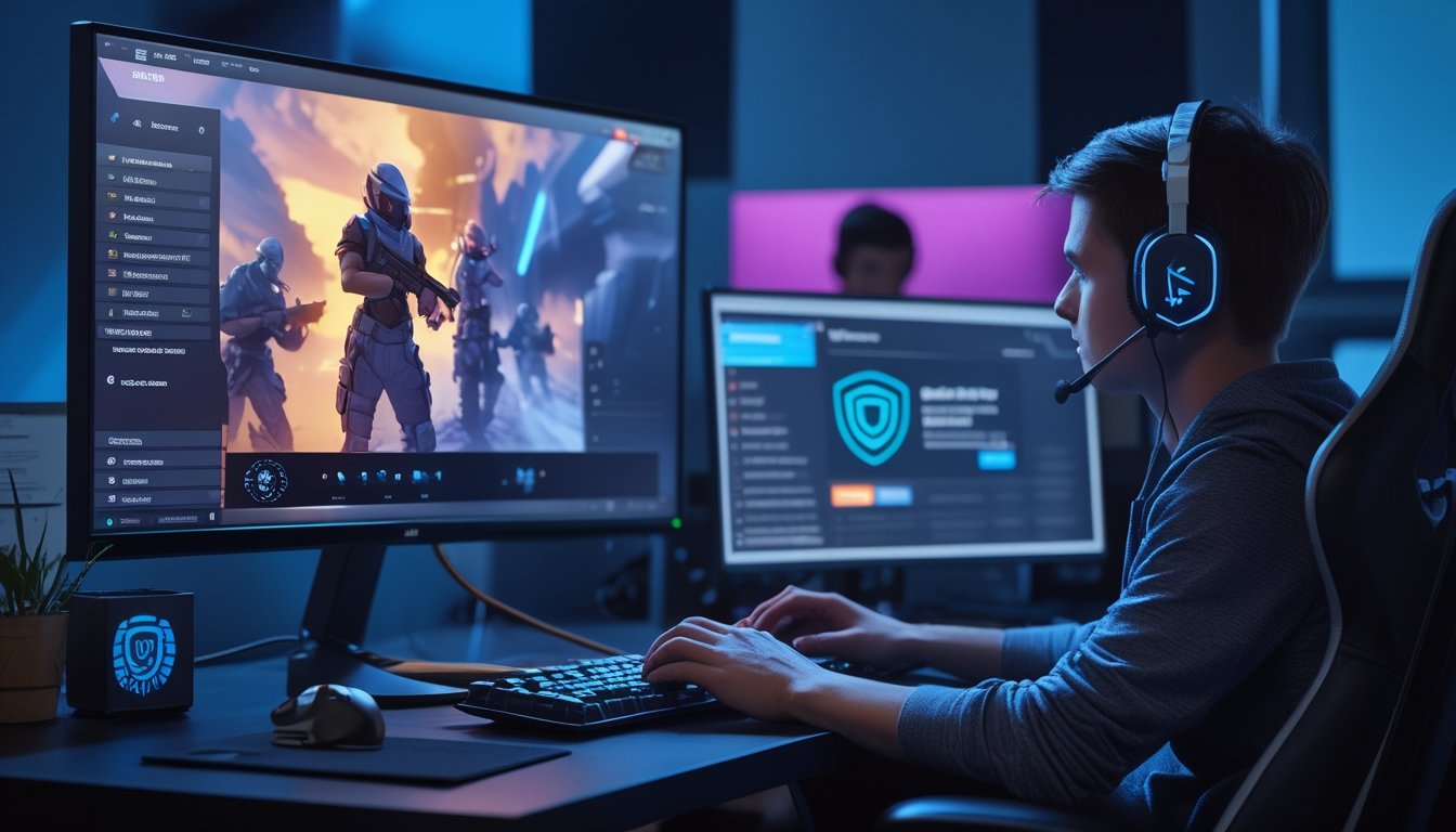 Seorang gamer dewasa menggunakan komputer di ruang kerja esports modern dengan simbol keamanan dan perangkat pembayaran digital.