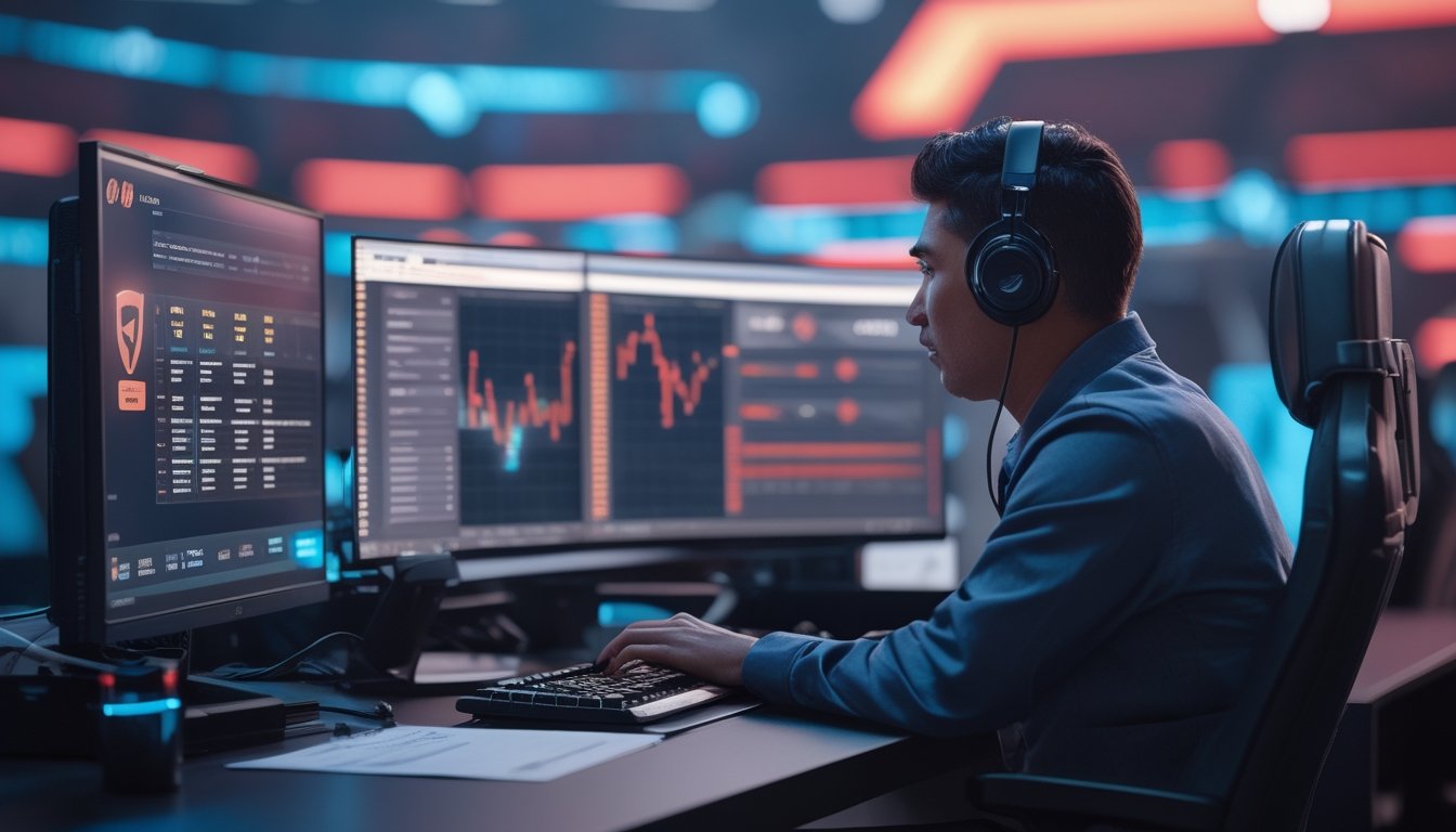 Analis esports memeriksa statistik pertandingan dan indikator keamanan platform taruhan di beberapa layar.