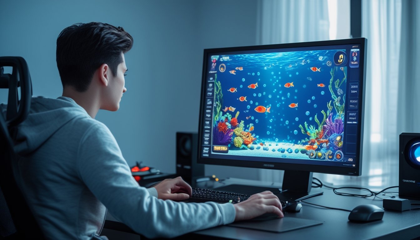 Seseorang bermain gim tembak ikan bertema bawah laut menggunakan komputer di ruangan modern.