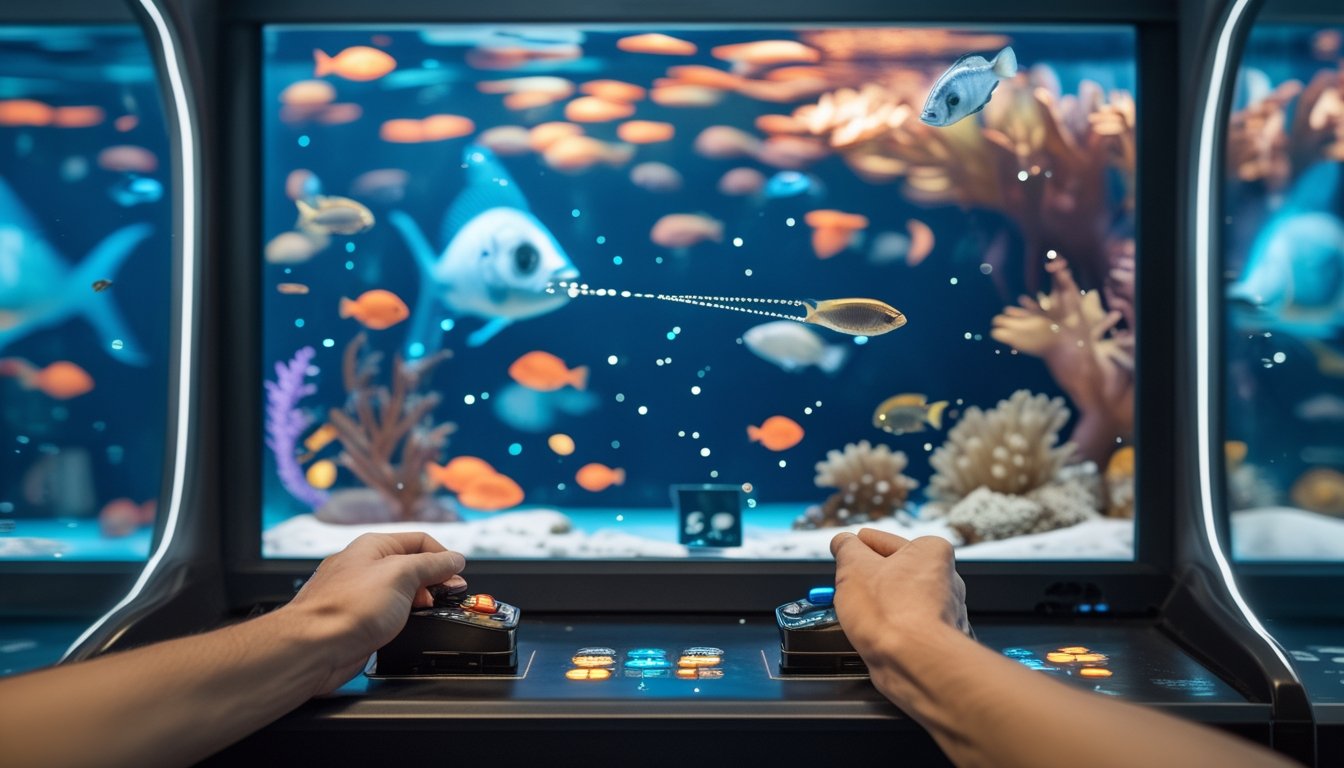 Pemain mengarahkan pengontrol ke layar permainan bawah laut dengan berbagai ikan berwarna-warni.