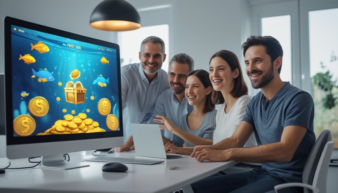 Orang dewasa merayakan permainan memancing digital yang menampilkan ikan warna-warni dan hadiah virtual di layar komputer dan ponsel.