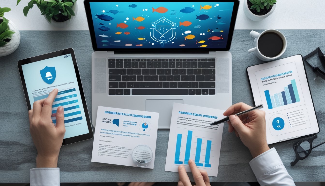 Seseorang membandingkan indikator keamanan dan kredibilitas platform permainan ikan online di meja kerja.