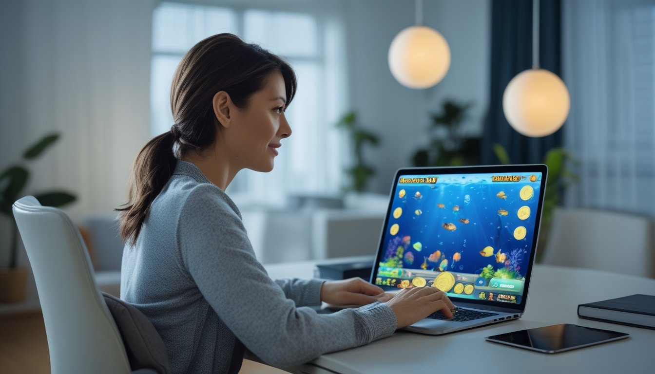 Seorang dewasa bermain permainan memancing digital di tablet dalam suasana rumah yang nyaman.
