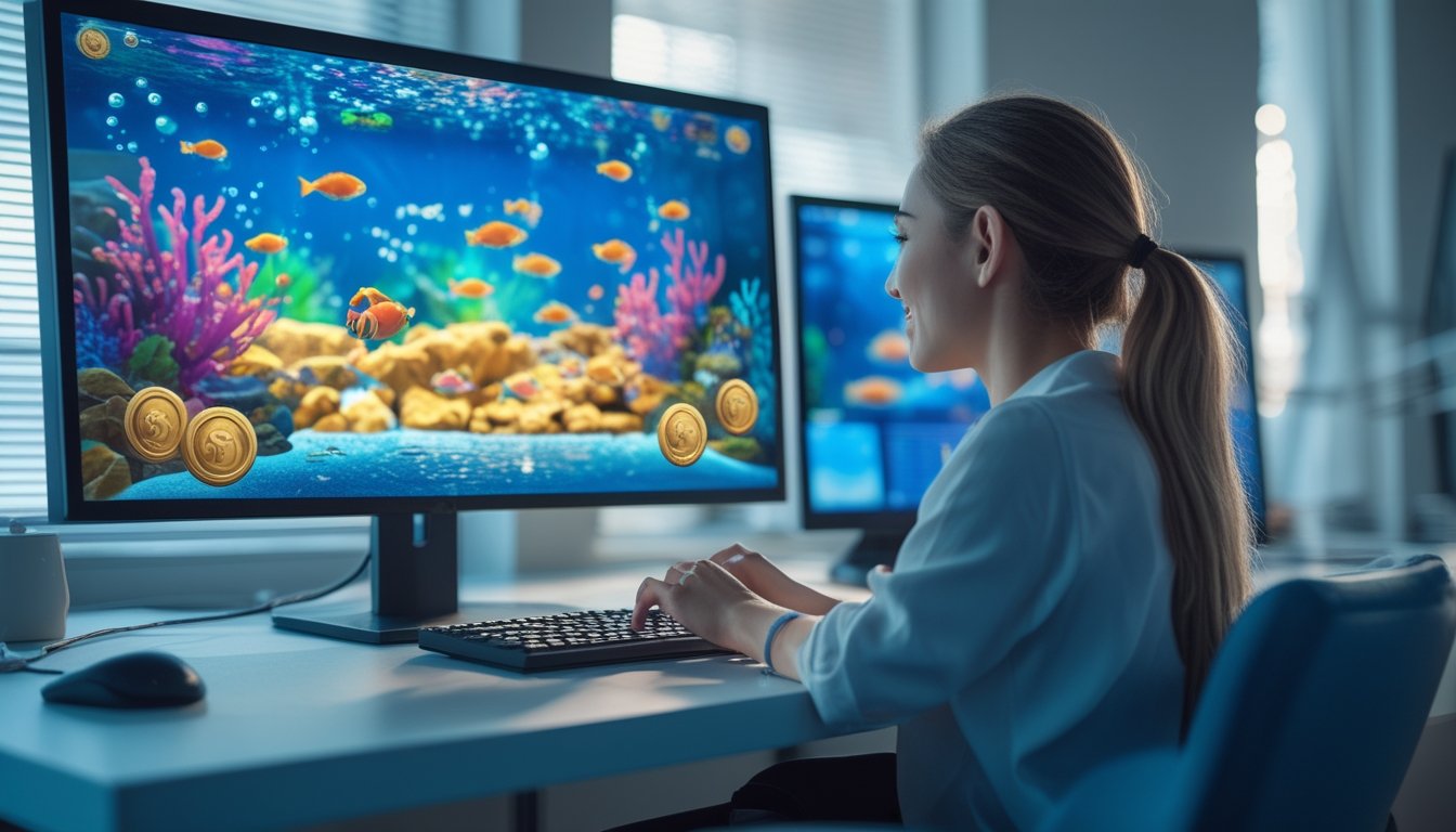 Orang dewasa memainkan permainan arkade bawah laut di komputer dalam ruang kerja modern.