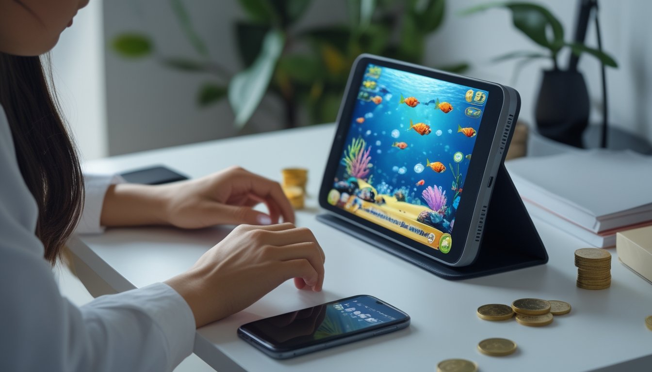 Seseorang bermain permainan menembak ikan online di tablet dengan beberapa koin di atas meja.