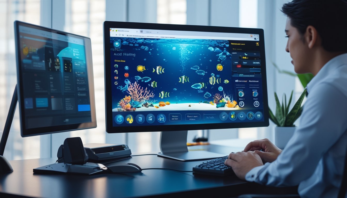Seseorang memainkan permainan memancing digital bertema bawah laut di depan komputer.