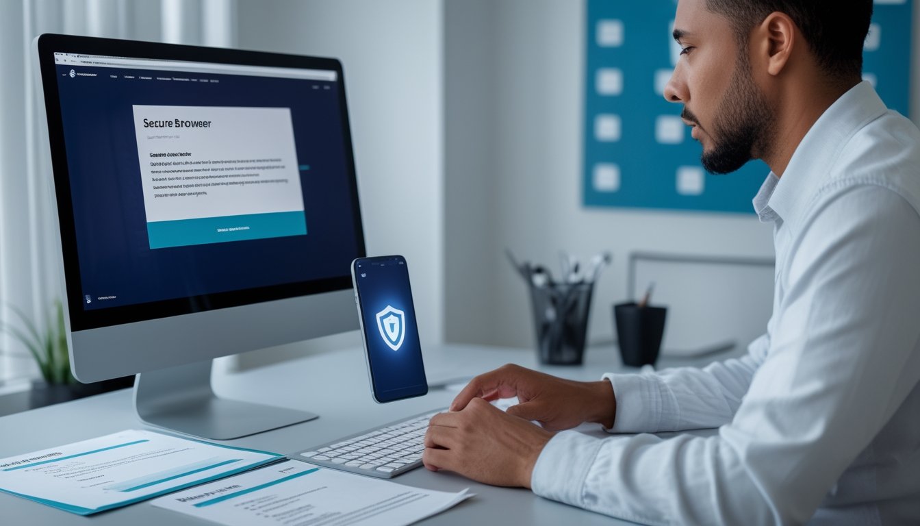 Seseorang memeriksa keamanan dan legalitas sebuah platform online di ruang kerja modern.