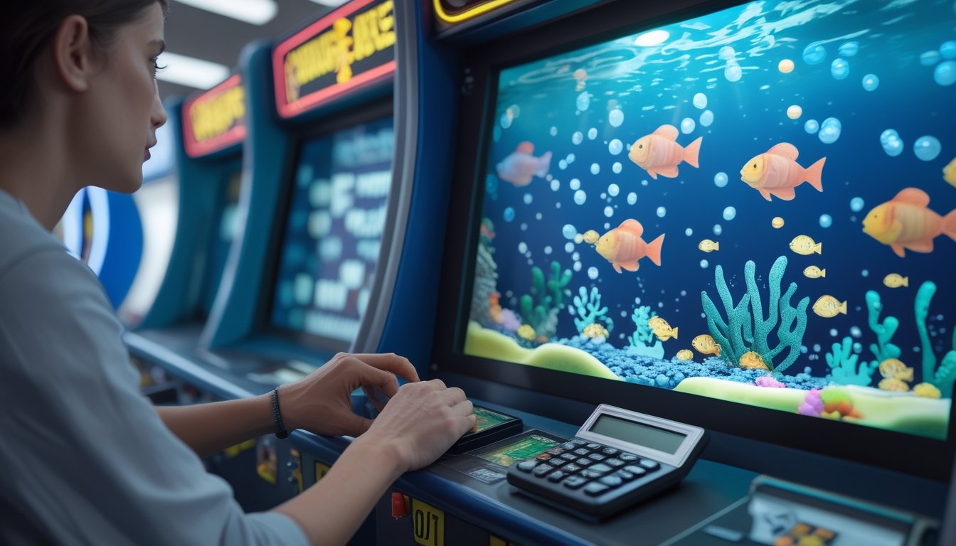 Orang dewasa memainkan permainan tembak ikan di mesin arcade dengan nuansa bawah laut.