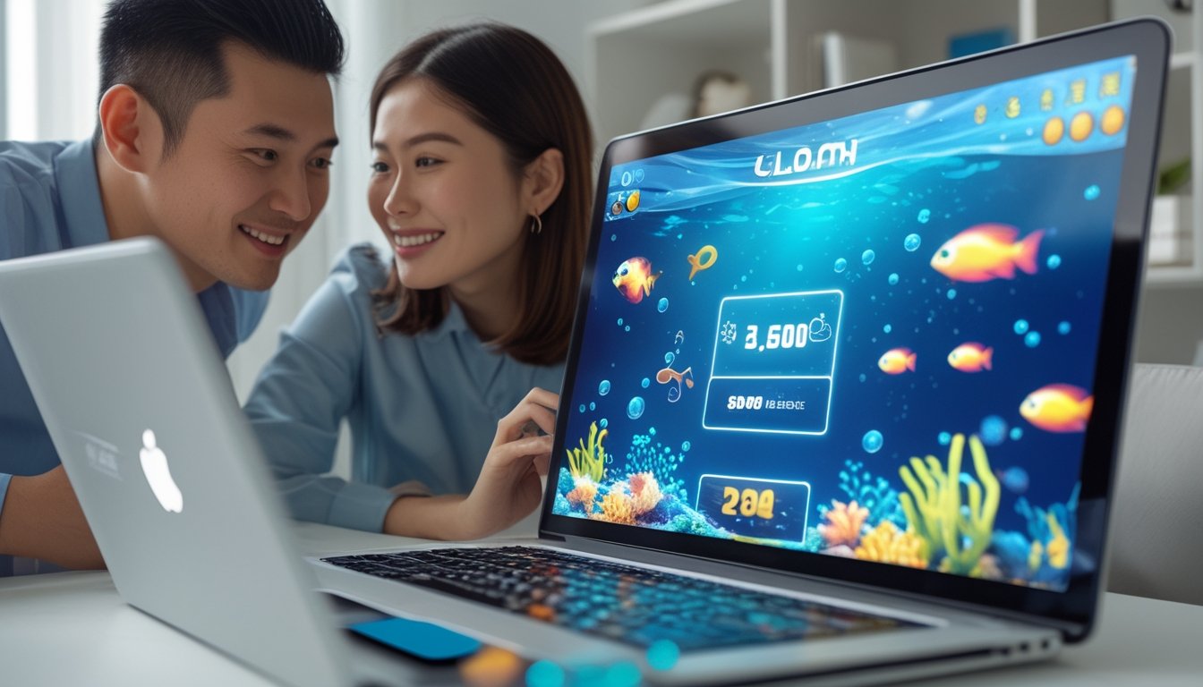 Dua orang dewasa melihat permainan memancing digital bertema bawah laut di laptop dan ponsel.