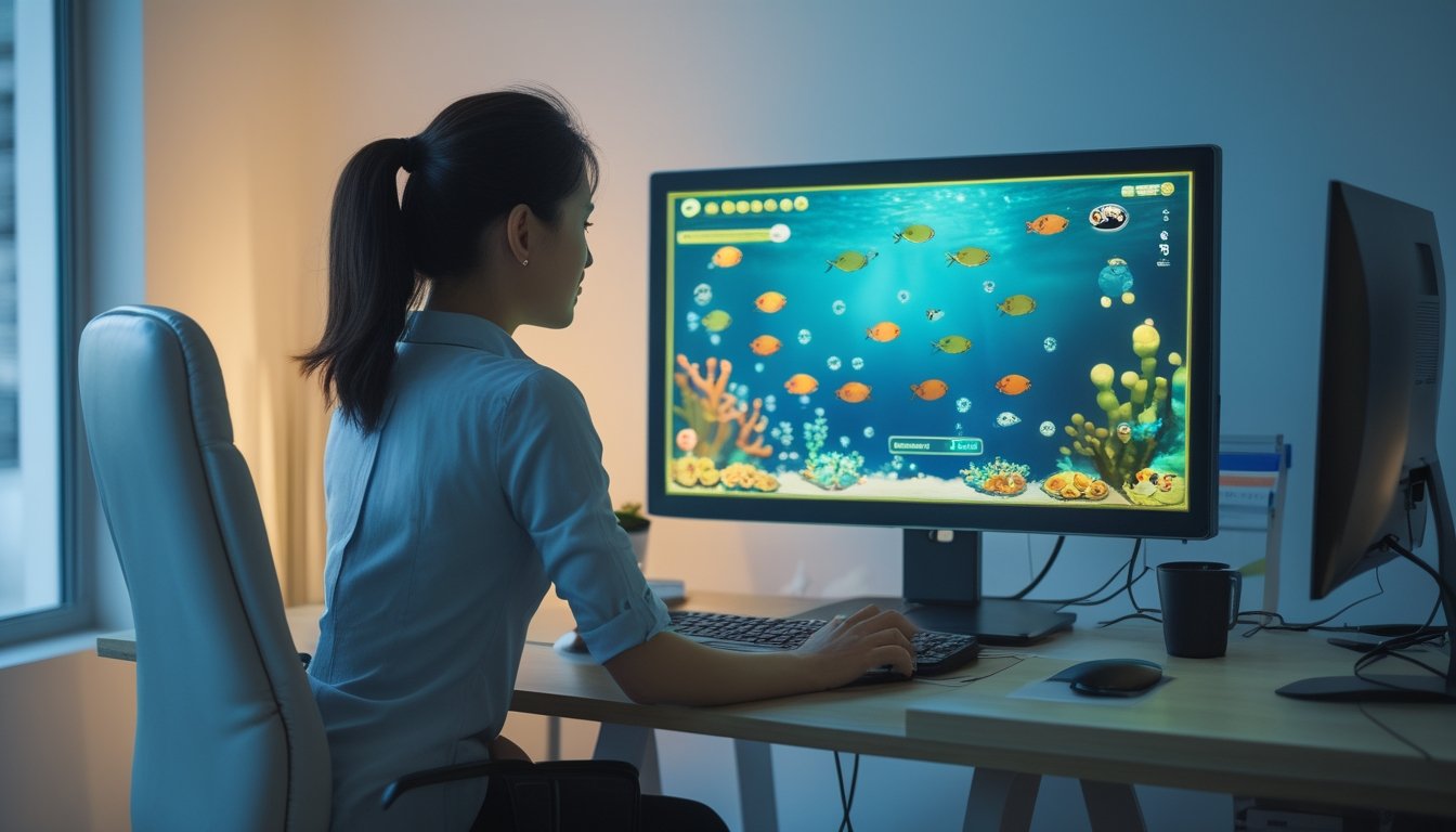 Seseorang memainkan permainan tembak ikan digital di komputer dalam ruang kerja modern.