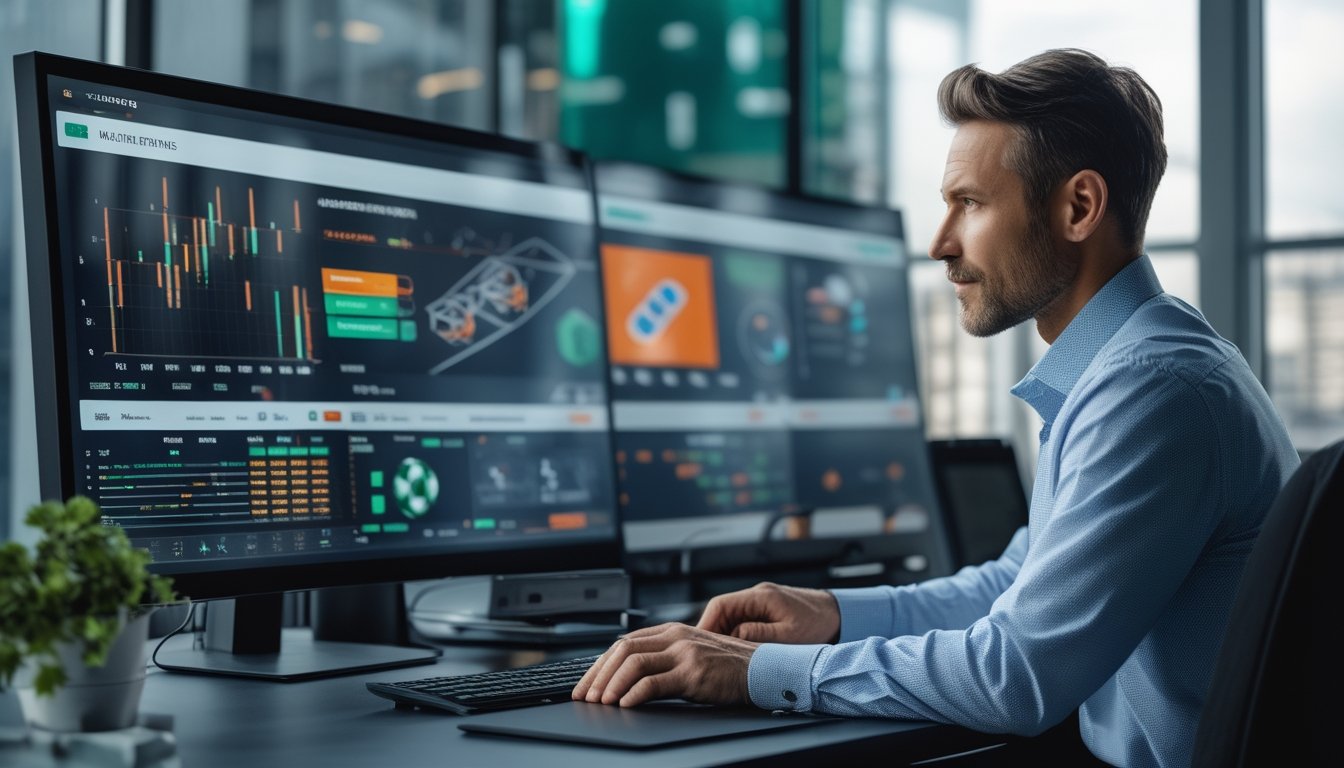 Analis meninjau data olahraga dan pilihan pertandingan di ruang kerja modern.