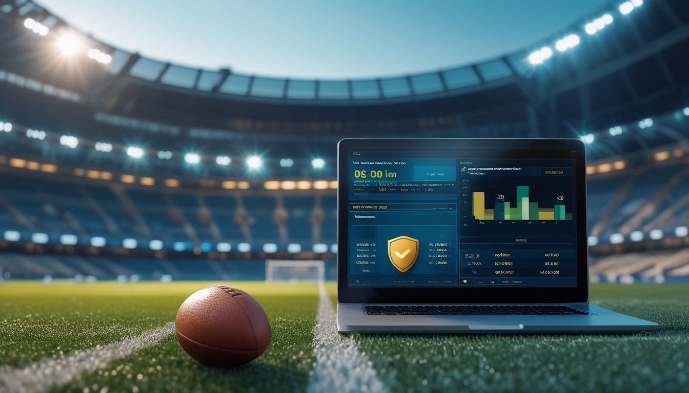 Stadion sepak bola modern dengan bola di depan serta laptop dan ponsel yang menampilkan grafik olahraga abstrak.