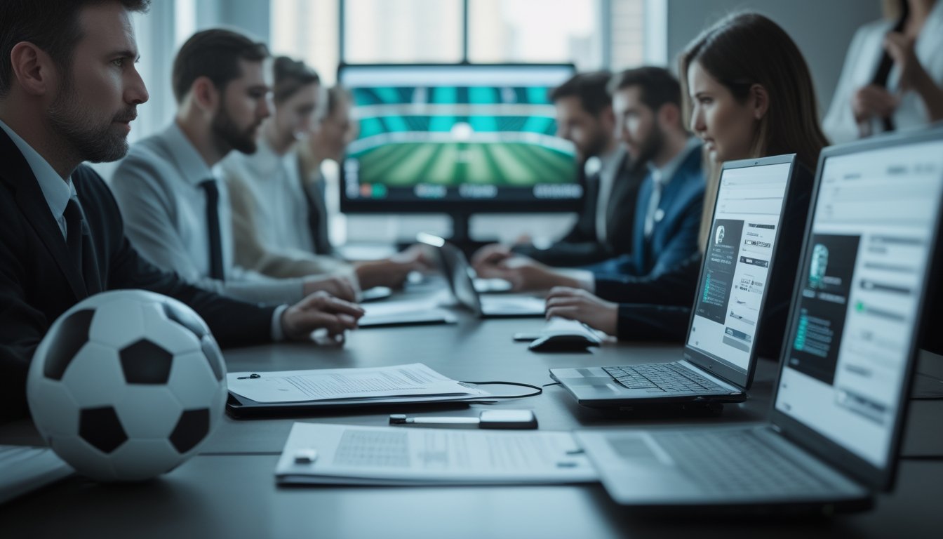 Profesional dewasa meninjau dokumen kepatuhan dan analisis sepak bola di kantor modern dengan simbol keamanan digital.
